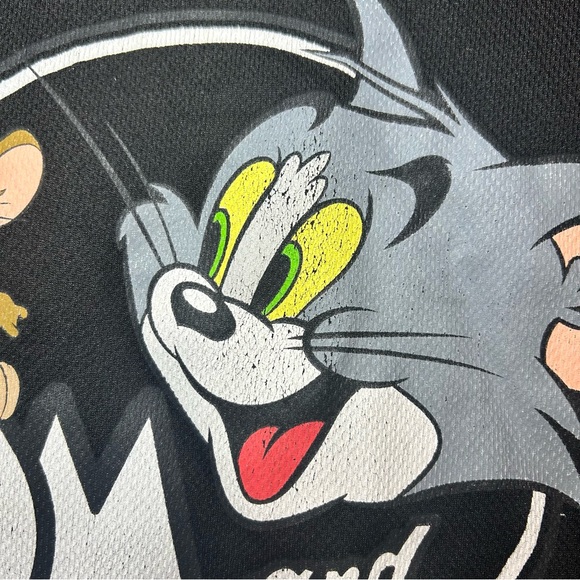 Tom & Jerry Size S Black Mesh Crop Top Jersey‎ Short Sleeve V Neck 3 Buttons - Picture 9 of 10
